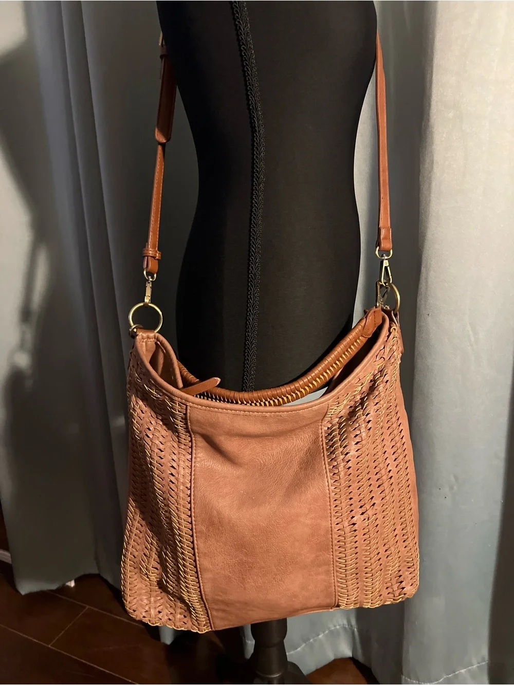 Antik Kraft Braided Faux Leather Hobo Bag Cognac Brown Woven Crossbody Purse